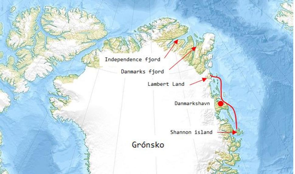 Mapa prvej Mikkelsenovej výpravy z ostrova Shannon po Lambert Land