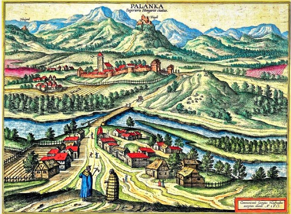 Pohľad na Drégelypalánk a hrad na ňou na farebnej medirytine vytvoril v r. 1617 Joris Hoefnagel.