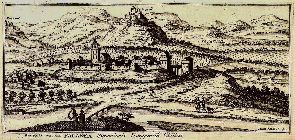 Pohľad na Drégelypalánk, s hradom Drégeľ na kopci v pozadí (rytina) Zdroj: Wikimedia Commons
