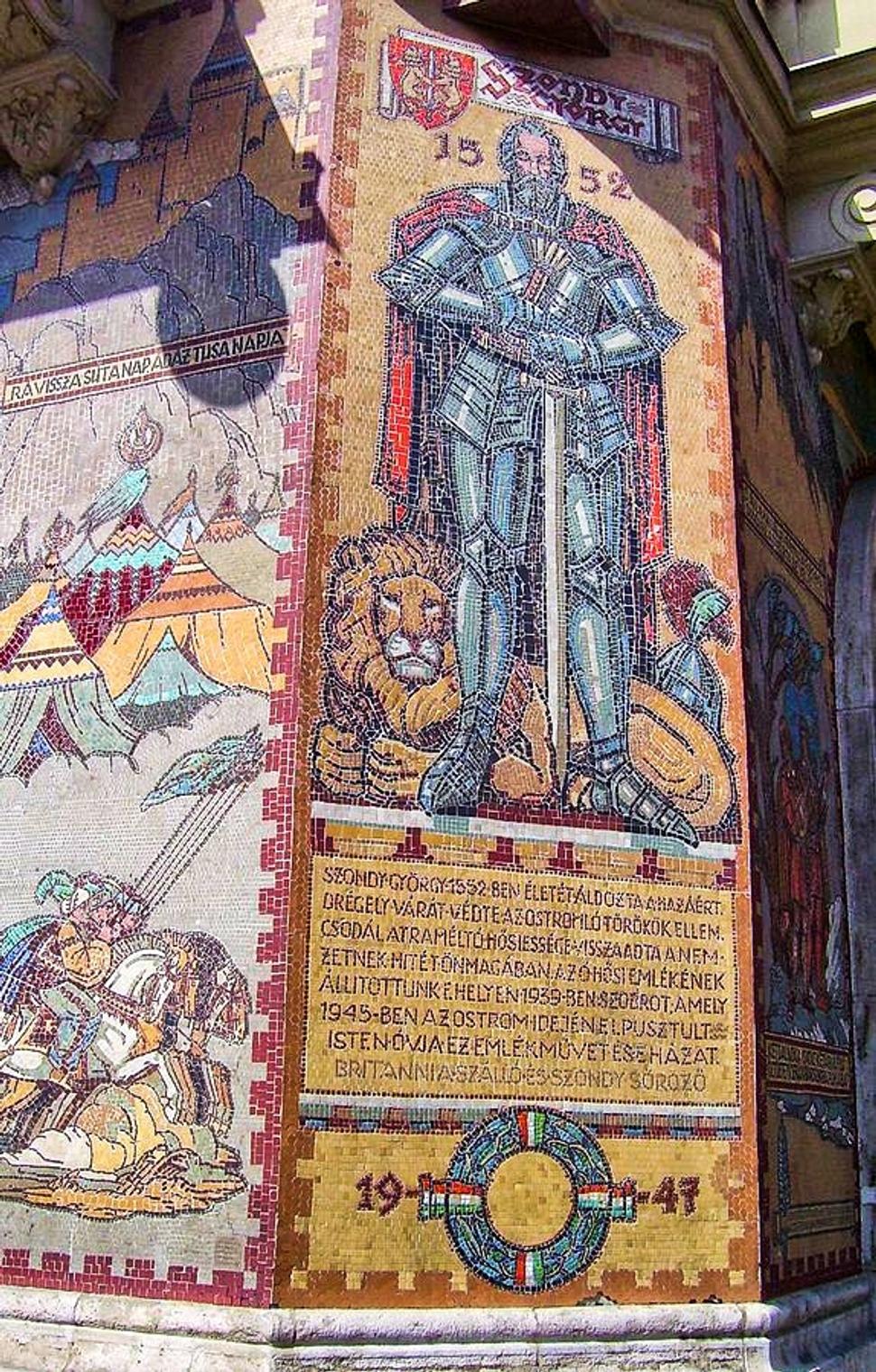 Mozaika Györgya Szondyho na rohu Teréz körút a Szondi utca v Budapešti.