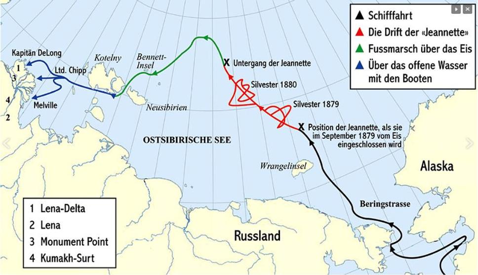Trasa Expedície Jeannette, Čierna čiara je plavba loďou, červená predstavuje unášanie v ľade, zelená putovanie po ľade a modrá plavbu záchrannými člnmi s predpokladanými miestami ich pristátia.