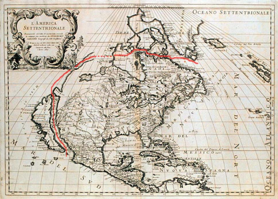 Holandská mapa z roku 1687 s predpokladanou trasou severozápadnej morskej cesty cez neskôr pomenovaný Hudsonov záliv. Henry Hudson chcel byť medzi prvými, kto túto trasu prepláva a zmapuje.