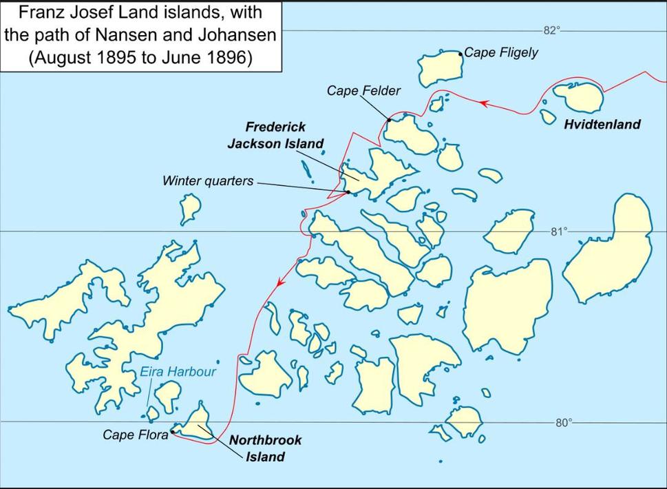 Súostrovie Zem Františka Jozefa a pohyb Nansena s Johansenom až po Mys/Cape Flora. Vyznačené je miesto zimného tábora na Ostrove Fredericka Jacksona, ako aj Eira Harbour, kde sa mali v zrube nachádzať zásoby potravín.
