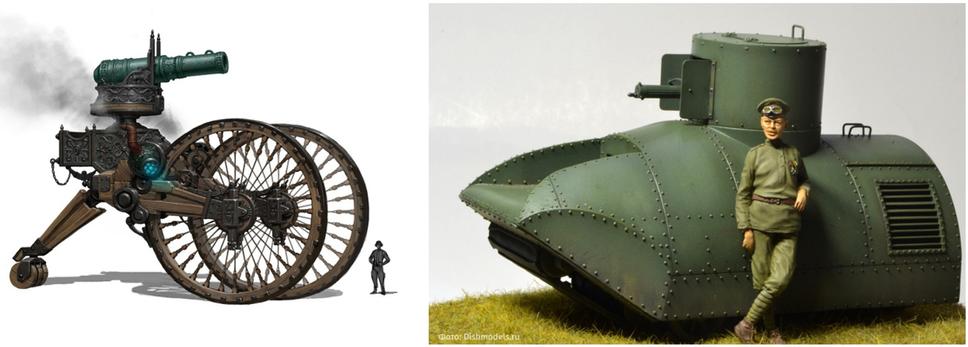 Prvotné návrhy ruských tankov : Tank Cár a Tank Vezdechod, oba z roku 1915. Ten prvý zapadol v prvej kaluži a skončil. Ten druhý pri prezentácii sklamal
