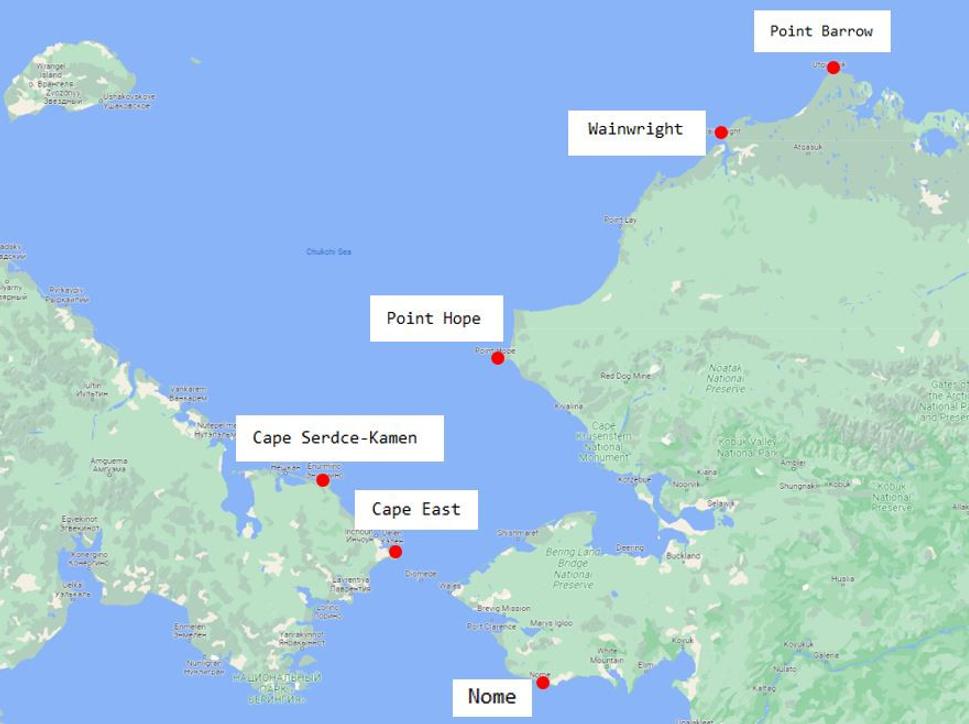 Mapa okolia Beringovej úžiny s významnými miestami Amundsenovej expedície