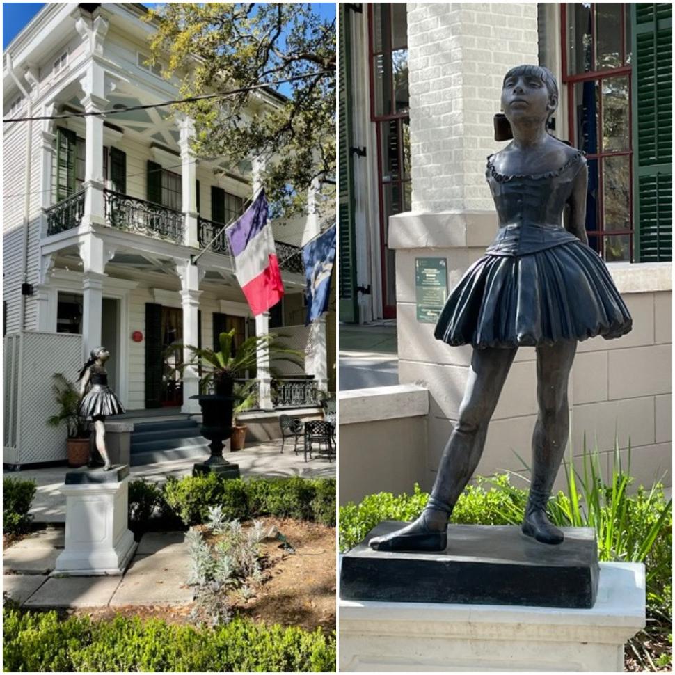 Edgar Degas House v New Orleans: Dom rodiny Edgara Degasa a socha baletky charakteristickej pre tvorbu maliara.