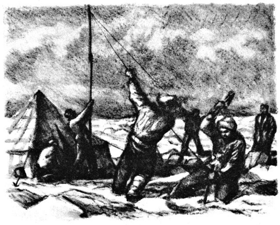 Stroskotanci stavajú druhý vyšší stožiar pre upevnenie antény vysielačky, ilustroval Václav Junek.