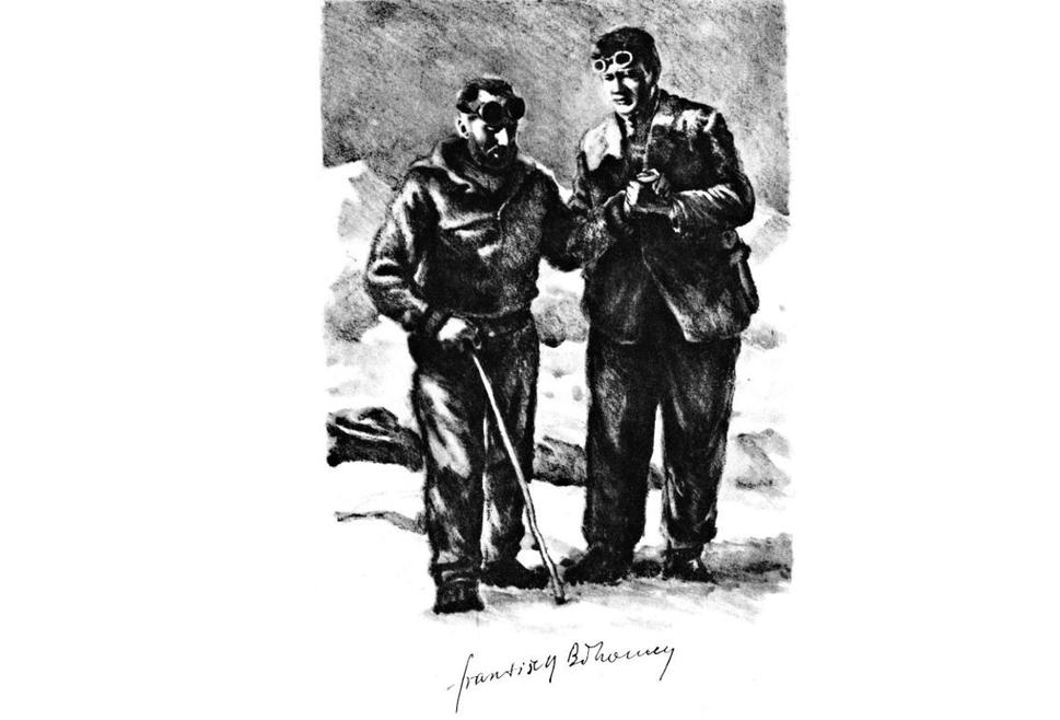 František Běhounek podporuje Umberta Nobileho, ktorý mal po havárii zlomenú nohu, ilustrácia Václav Junek