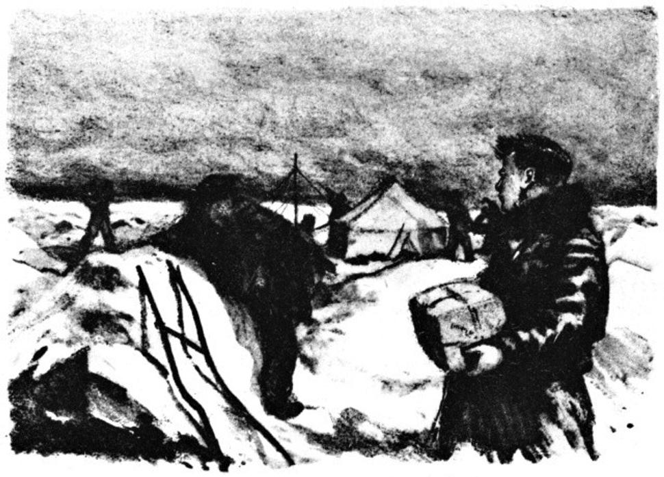 Stroskotanci zhromažďujú nájdené predmety z kabíny vzduchoode, ktoré sa počas havárie rozstrúsili po okolí jej dopadu, ilustrácia Václav Junek.