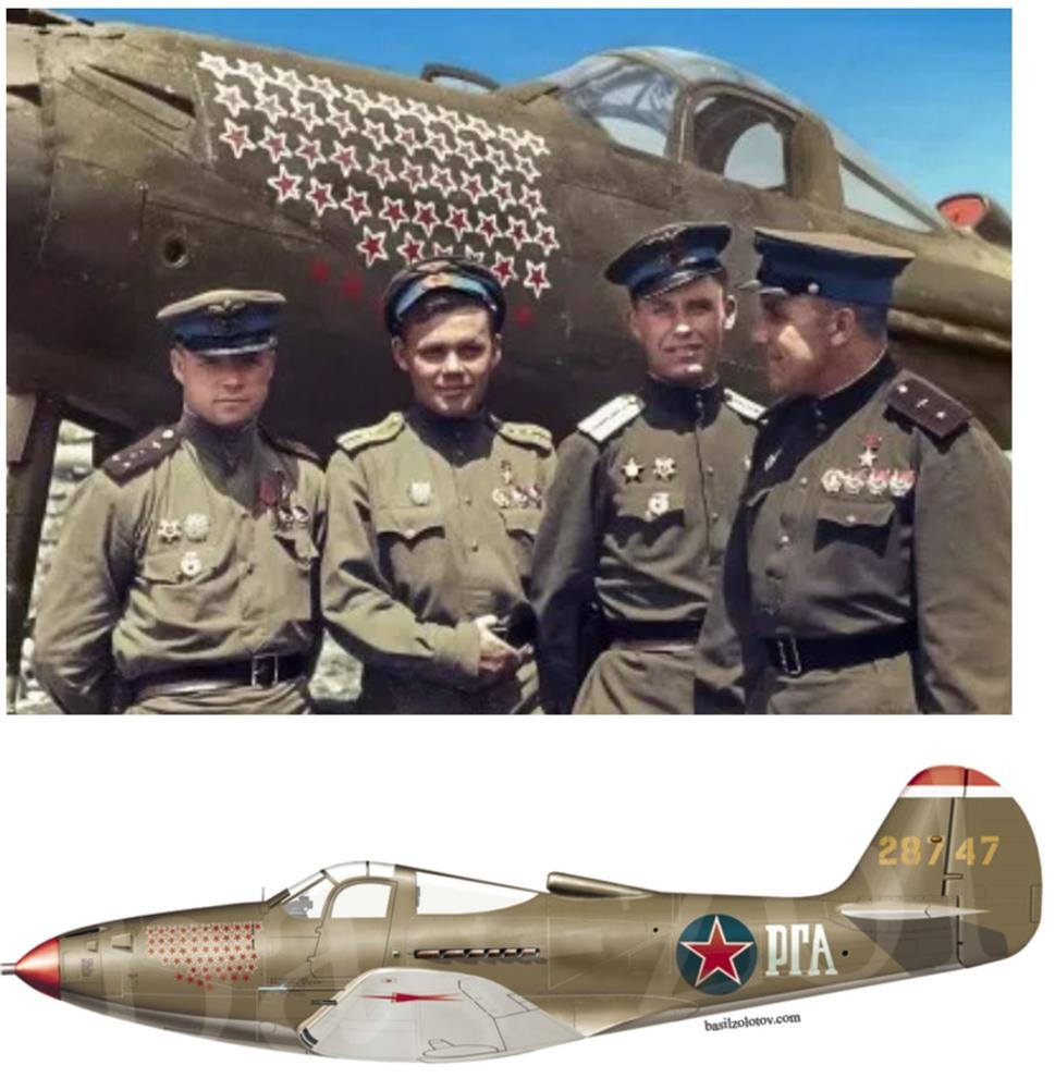 Sovietske stíhacie esá : Alexander Klubov, Grigorij Rečkalov, Trud, Glinka pred lietadlom Rečkalova Airacobra P-39N-0 S.N. 42-8747 (www.valka.cz, basilzolotov.com)