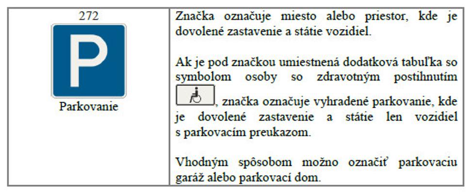 Obr. 1. Značka 272 - Parkovanie (Prv termín Parkovisko)