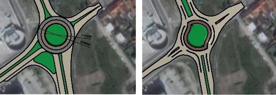 Vľavo - Variant riešenia A - dvojpruhový kruhový objazd. Vpravo - Variant riešenia B - turbínový kruhový objazd.