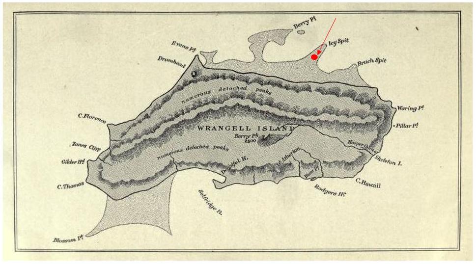 Mapka ostrova Wrangel, ktorú nakreslil v roku 1914 Bjarne Mamen, ktorý asistoval geológovi Mallochovi. Červený bod označuje miesto na pláži Icy Spit, kde si stroskotanci po príchode na ostrov postavili tri iglu a vybudovali svoj prvý tábor na pevnej zemi.