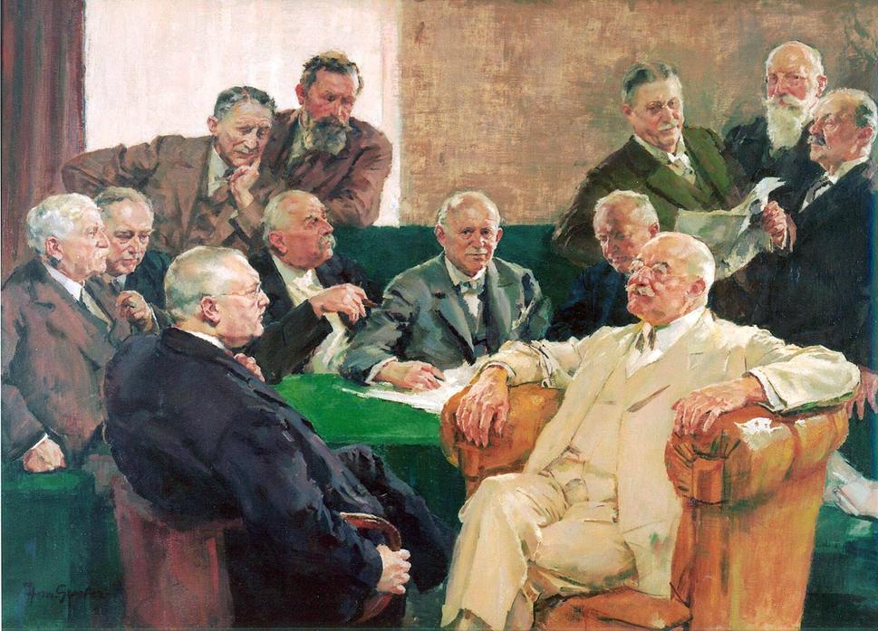 Carl Bosch (v bielom obleku) na zasadaní dozornej rady IG Farben AG. (1925)