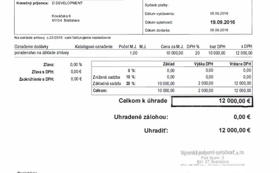 Developer platil dcérskej firme Vajnor, ktorá nemá zamestnancov, iba starostu ako konateľa, za poradenstvo.