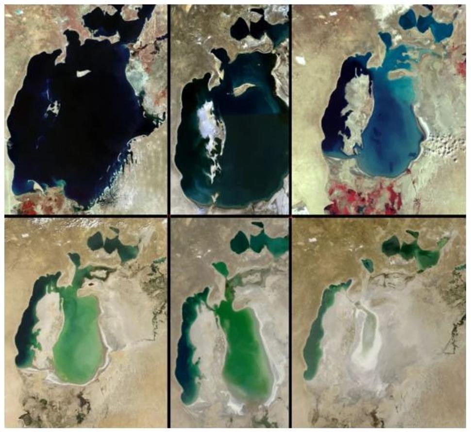 Proces vysychania Aralského jazera v období 1960-2018.
