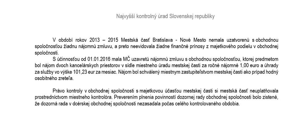 Protokol z kontroly mestskej časti Bratislava - Nové Mesto.