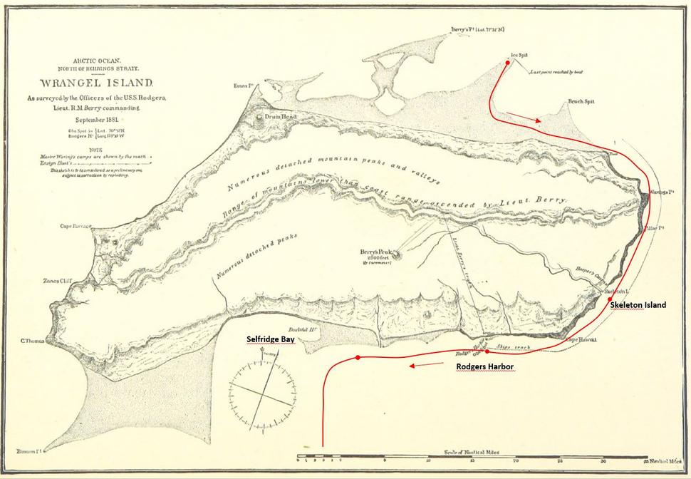Mapa ostrova Wrangel z roku 1881 s vyznačením trasy pochodu kapitána Bartletta s Kataktovickom. Červené body označujú polohu prvých troch nocľahov.