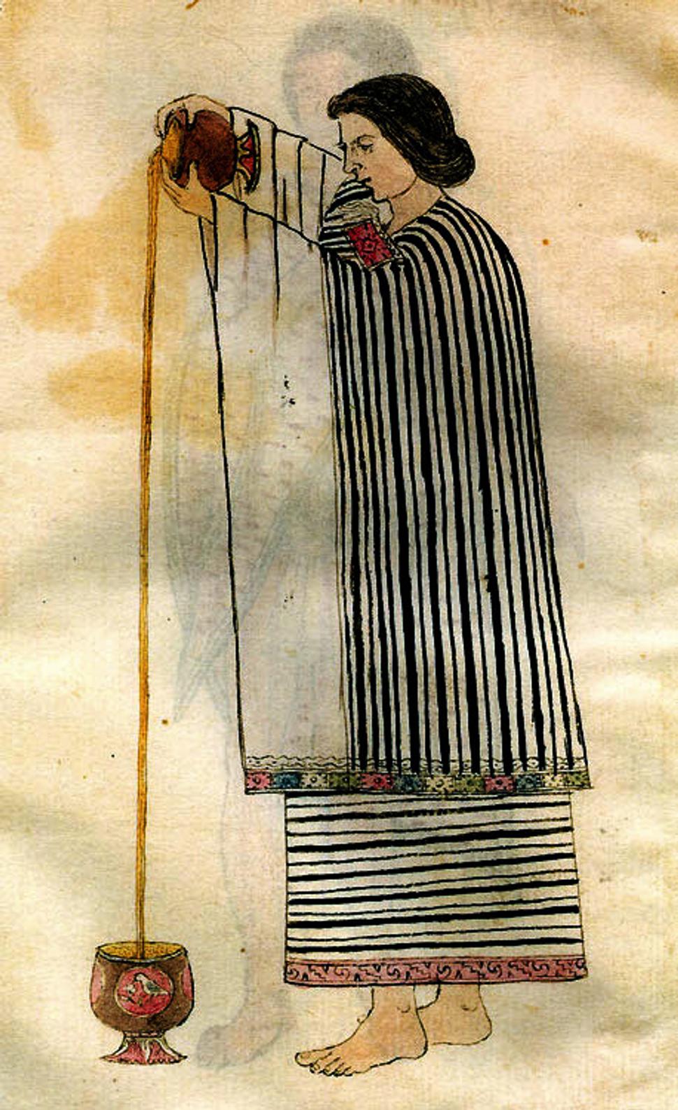 Aztécka žena vytvára penu prelievaním čokolády z jednej nádoby do druhej v Codex Tudela