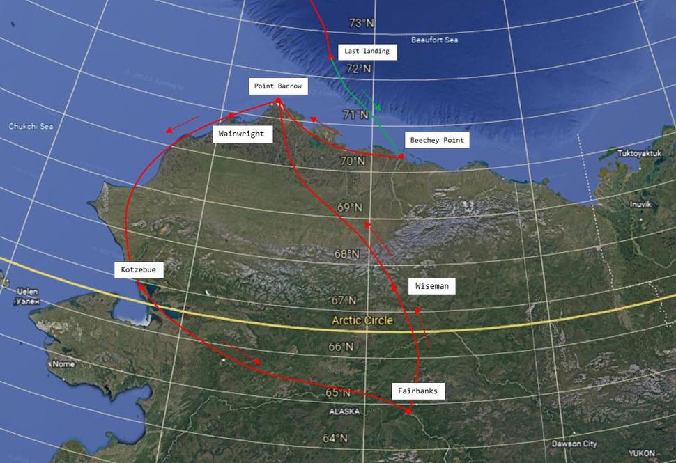 Mapka s trasami expedície "Detroit News Wilkins expedition". Červené sú letecké trasy, zelená trasa predstavuje peší pochod z miesta havárie lietadla Stinson Detroit 1 na Beechey Point.