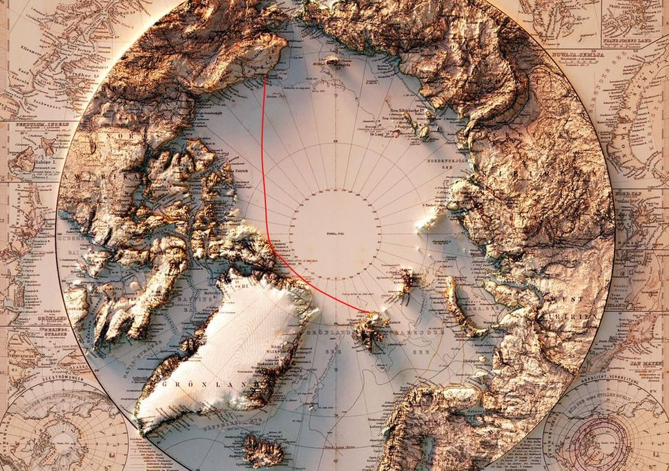 Trasa letu Wilkinsa s Eielsonom z Point Barrow na Aljaške, cez najsevernejší výbežok ostrova Ellesmete - Grant Land, až po Špicbergy.