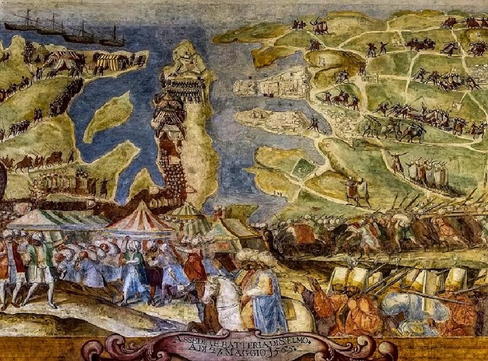 Obliehanie pevnosti St Elmo. Freska Matteo Pereza d'Aleccio vykresľuje dianie 27. mája 1565. Turecké oddiely zablokovali po súši všetky tri pevnosti rytierov.