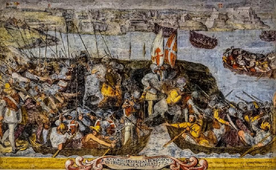 Piccolo Soccorso (Malá úľava) pripláva 5. júla. Freska Matteo Pereza vykresľuje dianie 5. júla 1565.