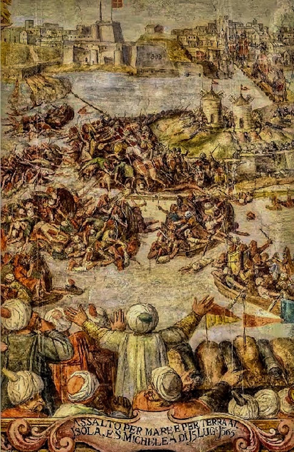 Útok na Sengleu. Freska Matteo Perez d'Aleccio vykresľuje dianie 15. júla 1565. Mustafa nechal presunúť lode z Marsamxettu do Grand Harbour a napadol pevnosť Sv. Michala a Sengleu po súši aj po mori. Ani jedna strana nebrala zajatcov.