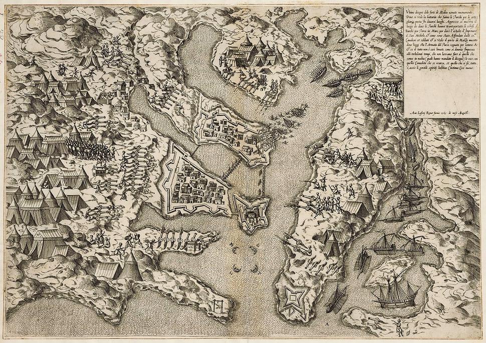 Rytina Antonia Lafreriho vydaná v Ríme v r. 1565 zobrazuje naraz viacero udalostí: presun lodí po súši, obliehanie Birgu a Senglea a nevydarený útok lodí janičiarov na pevnosť Sv. Michaela