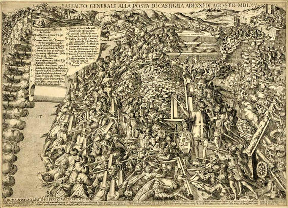 Pohľad Matteo Pereza na generálny turecký útok na hrad St. Angelo v Birgu 21. augusta 1565.