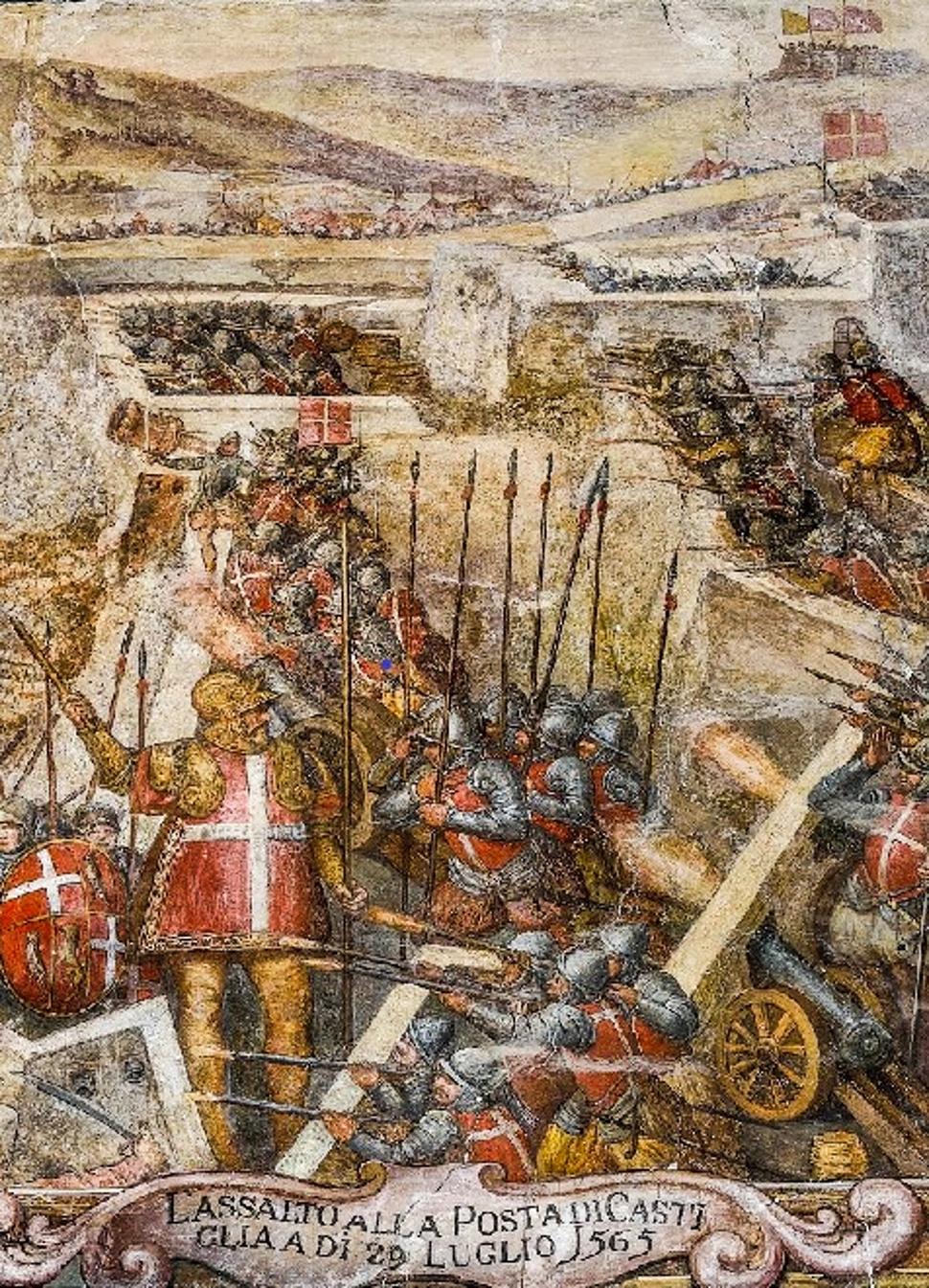 La Valette na čele obrancov bráni Birgu. Freska zobrazuje dianie na bojisku 29. júla 1565.