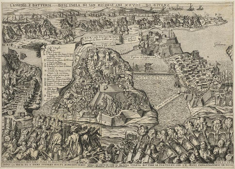 Senglea a pevnosť Sv. Michaela v obkľúčení. Obraz Mattelo Pereza informuje o situácii na bojisku dňa 27. júna 1565.