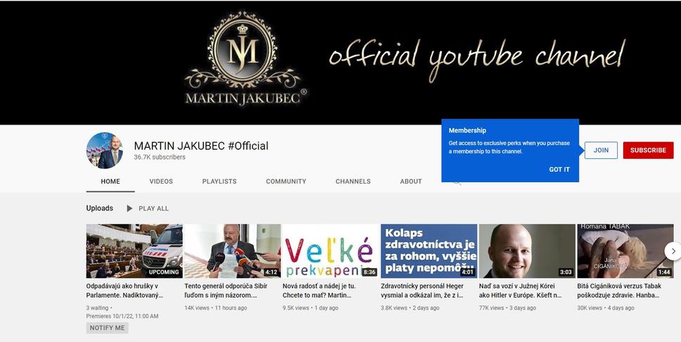 Youtube kanál Martina Jakubca s nenávistným videom.
