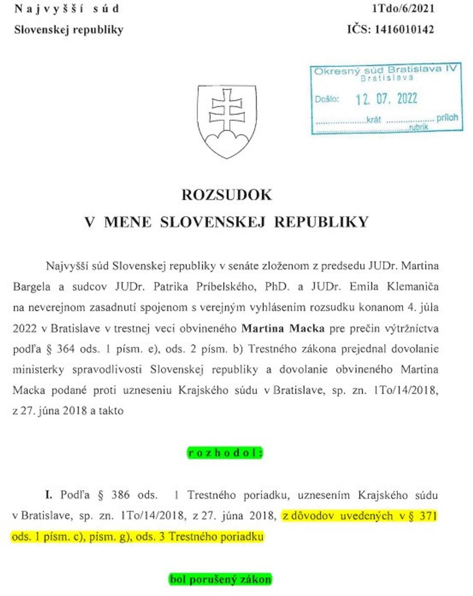 Prvá strana rozsudku Najvyššieho súdu SR zo 4.7.2022 vo veci dovolania Martina Macka