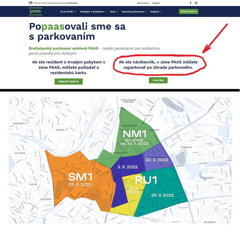 Obr. 2. Zo stránky PAAS vyplýva, že ak ste návštevník, v zóne PAAS môžete zaparkovať po úhrade parkovného.