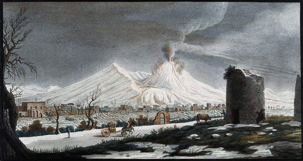Sopka Vezuv v zime, pokrytá snehom (1776)