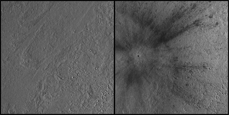 Oblasť, kde bol identifikovaný dopad meteoroidu v oblasti Amazonis Planitia na Marse. Snímky pomocou kamery Context Camera na palube orbitálnej sondy MRO.