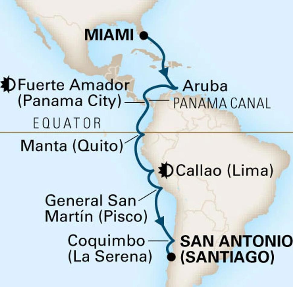Mapa našej plavby s loďou Oosterdam spoločnosti Holland America Line.