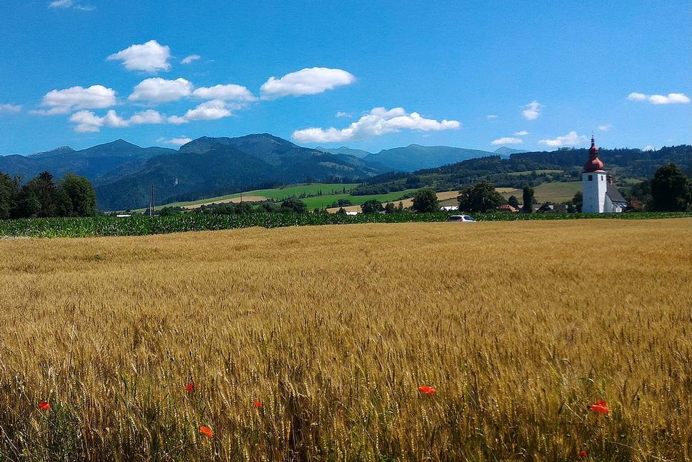 Vpravo na fotografii je dominanta obce - Kostol sv. Ladislava