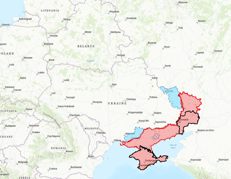 Mapa : čierna čiara - územie pod kontrolou Ruska pred 24 02 2022, červená - súčasný stav okupovaných území