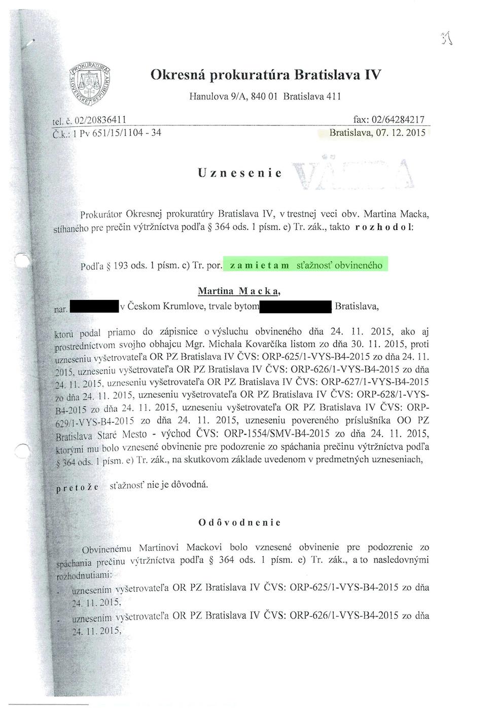 Nezákonné zamietnutie sťažnosti prokurátorom Greškom strana 1