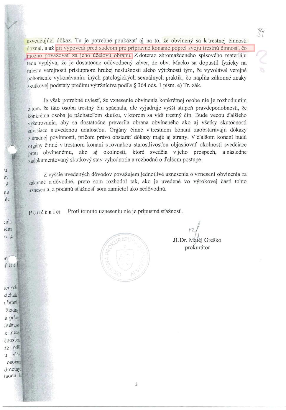 Nezákonné zamietnutie sťažnosti prokurátorom Greškom strana 3
