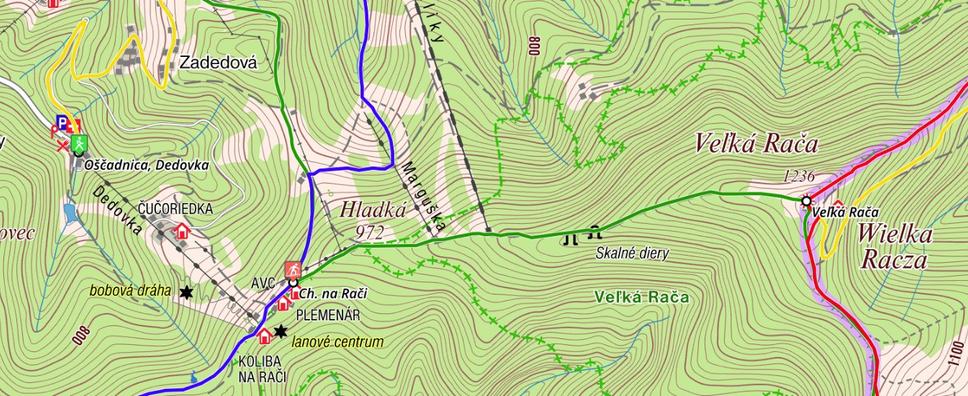 Oščadnica-Dedovka (dolná stanica) – chata Čučoriedka – Lalíky (horná stanica) – Veľká Rača a späť