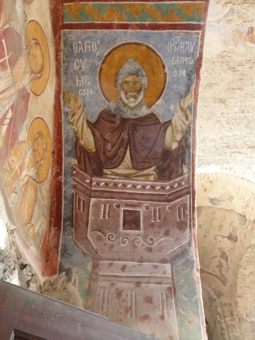Svätý Šimon Stylita na svojom stĺpe, byzantská freska z polovice 13. storočia v Chráme Hagia Sofia v Trabzone v Turecku