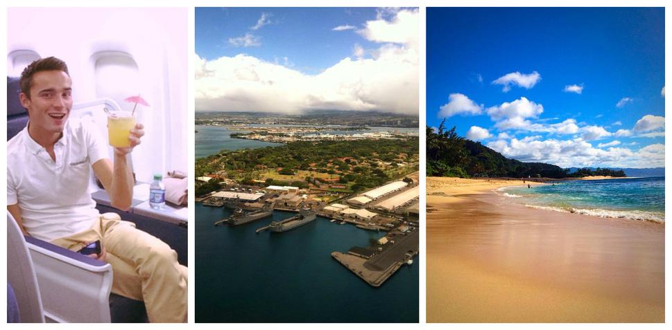 Dovolenkovú atmosféru spríjemnil aj podávaný cocktail na palube lietadla. Fotka uprostred je počas pristávania na letisku v Honolulu a posledná je z pláže v North Shore