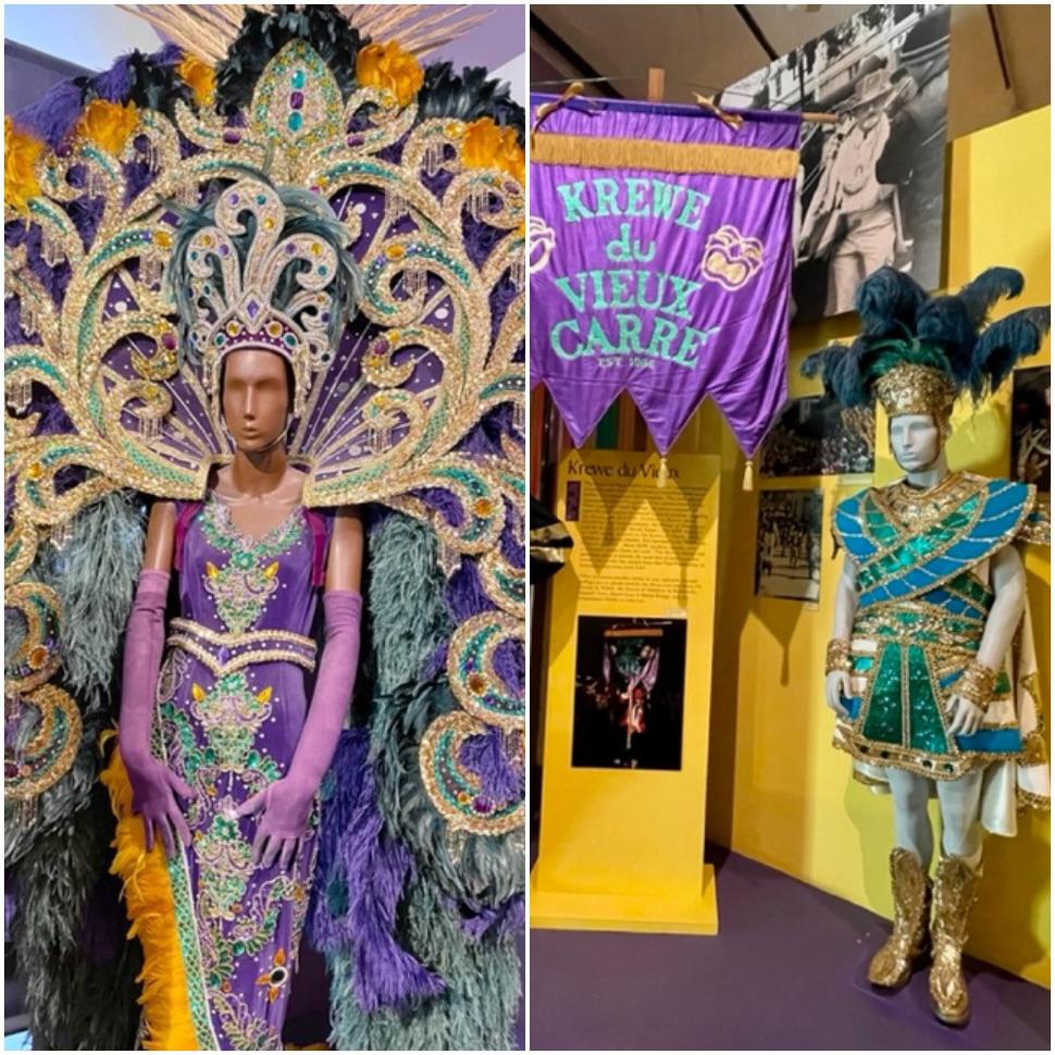 Mardi Gras Museum: Typické karnevalové oblečenie v oficiálnych farbách Mardi Gras (fialová, zlatá, zelená)