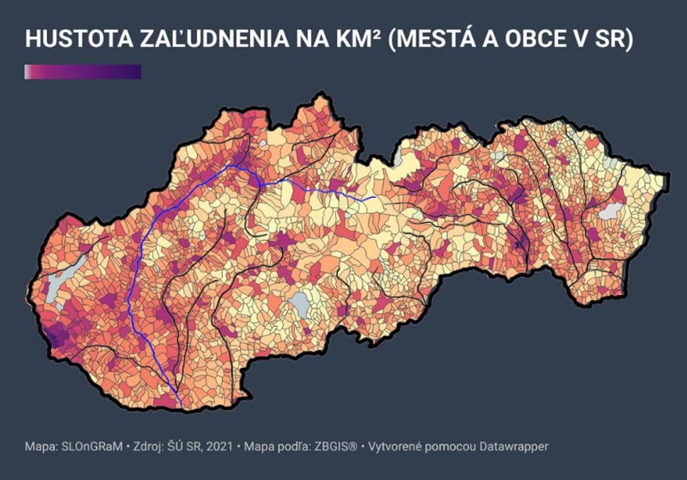 Najdlhšie slovenské rieky a hustota zaľudnenia miest a obcí v SR. Po kliknutí na obrázok sa zobrazí interaktívna mapa.