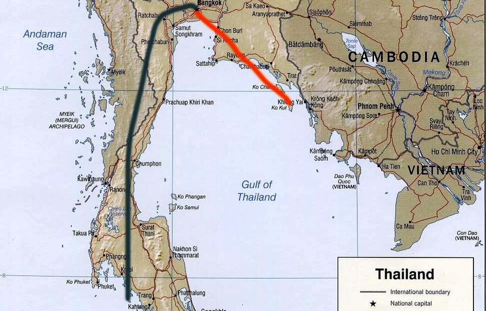 Takto jednoducho bol postavený plán. Prílet do Bangkoku , prelet na Ko Lantu(čierna ) návrat do Bangkoku a červená je trasa na Koh Chang a späť