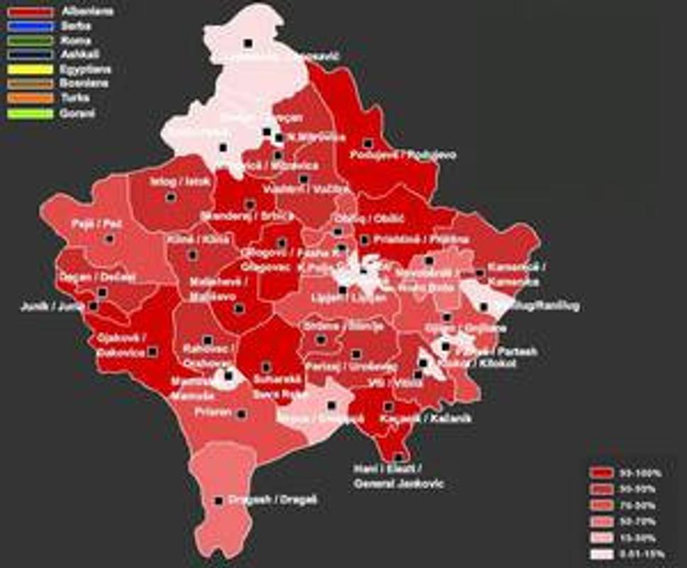 Administratívna mapa Kosova. Svetloružové sú srbské okresy.