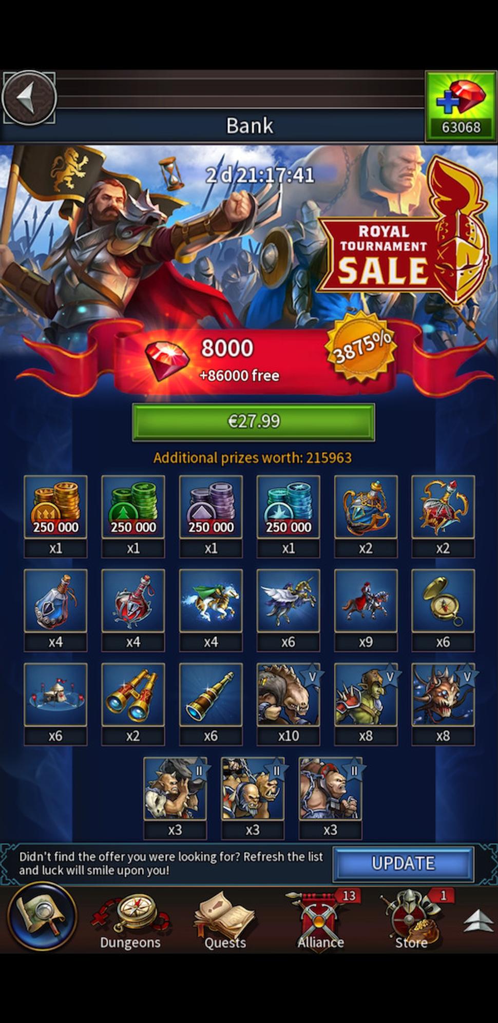 Ponuka balíčka predmetov v mobilnej hre Gods&Glory
